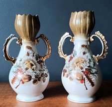 Pair Antique Victorian Porcelain Art Nouveau Vases