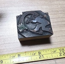 Vintage Letterpress Printing Block Man Chasing Pot Of Gold at End of Rainbow