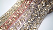 FCL 1 Yd Indian Lace Trims Saree Border Fabric Embroidered Trimmings Rhinestone