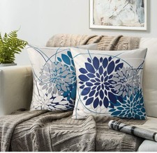 Teal floral linen - floral, pair