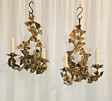 2 Vintage Italian Toleware Gilt Metal Floral Pair Of Wall Candle Sconce Ivy Leaf
