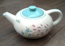 Vintage Crown Ducal Small Teapot Turquoise Ivory Floral - Random Harvest VGC