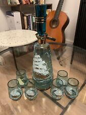 Vintage Czech Bohemian Glass Blue And W Gold Accents Ships Decanter Set
