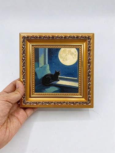Black cat moon window - moon, art