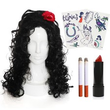 Amy Winehouse Fancy Dress Wig Tattoo Lipstick Cigarette Prop Costume Set 00s