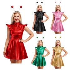 Women Alien Robot Halloween Costume Fly Sleeve A-line Shiny Dress with Headwear
