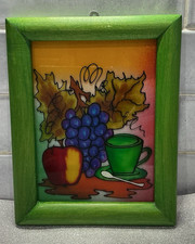 Vintage Stained /Painted Glass With Wooden Frame -Wall Art