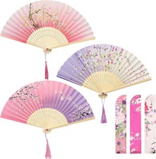 3PCS Folding Hand Fans with Tassel and Fabric Sleeves, Bamboo Silk... 