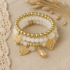 Gold Bead & White Stone Stretch Bracelets – Boho Layered Stack with Heart Charms