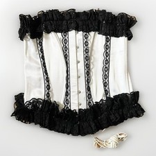 Boned And Laced Corset Ladies Basque White Satin Black Lace Trim Size L