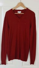 Lacoste Men's Red Pure New Wool Pullover V-Neck Jumper Large