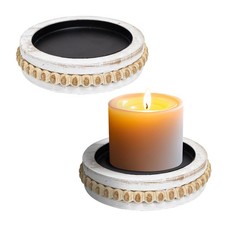 Candle Pedestal for Pillar Candle Set of 2, Rustic Round Beaded Risers Wood T...