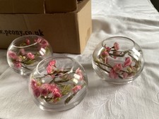 QVC Peony Faux Flowers cherry blossom 3 Glass Vases votive tea light holder