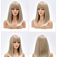 Cosplay Wigs With Bangs Heat Resistant Synthetic Hair Ash Blonde Bob Straight