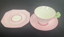 ROYAL PARAGON VINTAGE  PINK CUP WITH GREEN FLOWER HANDLE, SAUCER + SIDE PLATE