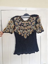 Vintage Laurence Kazar Sequin Silk Top – Size S – Black/Gold Embellished Glam