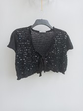 Women's Size 14 Bolero Black Open Knit Sequins Short Cap Sleeves Tie Front