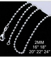 Sterling Silver 925 Ball Bead 2mm Width Chain Necklace Sizes 16" 18" 20" 22" 24"