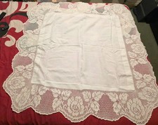 Vintage Hand Crocheted Roses Lace Tablecloth, White Linen, 50" x 50" Square