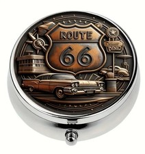 TRAVEL PILL BOX POT METAL-AMERICAN CAR/ROUTE 66 VINTAGE LOOK MEDICINE BOX-NEW