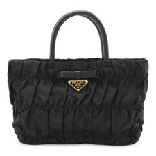 PRADA Prada Handbag, Ribbon Gathered Nylon and Leather, Black, BN1675