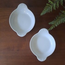 2 x Pillivuyt France Individual Round White Gratin Dish Scalloped Handles 5" dia