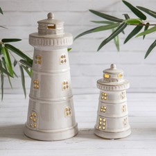 Ceramic Lighthouse  LED Light Up Neutral Ornament Bathroom Coastal Decor