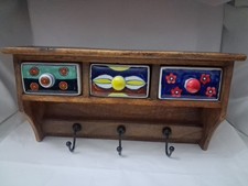 *RUSTIC* wood Shelf With Ceramic Painted Drawers & Metal Hanging  Hooks Boho