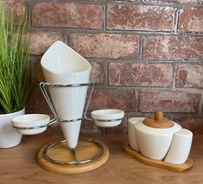 ** SLIGHT SECOND ** White Ceramic Chip & Dip Set on Stand and Cruet & Relish Set