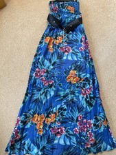 Jane Norman Blue Floral Cotton Strapless Maxi Dress With Belt Uk Size 8 New 