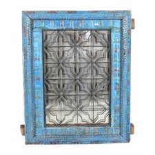 Antique Turquoise Blue Indian Jali Window Mirror Teak Wood Iron Geometric 108cm