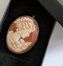Antique carved shell Cameo brooch and necklace. 800 silver.