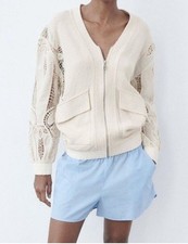 Zara Ecru Crochet Embroidered Knit Bomber Cardigan Size M