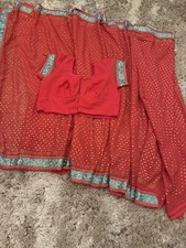 Indian Saree With Blouse Peach And  Blue With  Silver Size 10-14