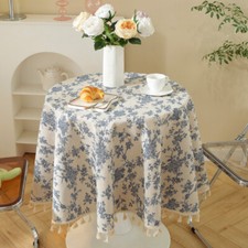 Round Tablecloths Blue Small Floral Cotton Linen Tassel Desk Cover Washable ∷