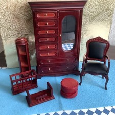 Dolls House Mahogany Furniture Bundle Wardrobe Chair Shelves Paper Rack