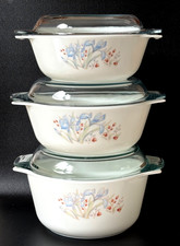 3 PYREX JAJ White Opal Milk Glass BLUE IRIS Oven Casserole Dishes STACKING Lids