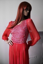 Maxi Librati Paris boutique 1970s vintage red silk chiffon beaded sequined dress