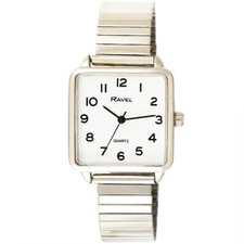 Ravel Ladies Classic Clear Square Chrome Expanding Strap Watch R0239.02.2  New