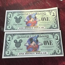 2x Disney Dollars One Dollar Sorcerer Mickey 2001 Disneyland Park Series A