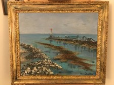 Maurice Buffet oil on canvas depicting a harbour and lighthouse signed & framed.