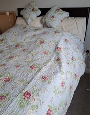 Vintage LAURA ASHLEY Cotton Quilted Bedspread Floral Duck Egg Blue + 2 Cushions