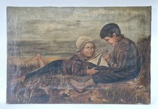 Antique 19th Century English School Oil Painting - Two Children by the Sea
