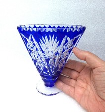 BOHEMIAN  CZECH  OVERLAID  BLUE  CUT  GLASS  BOWL  VASE