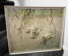 1950s Vernon Ward Framed Signed Print The Age of Innocence Swans Signets Lake