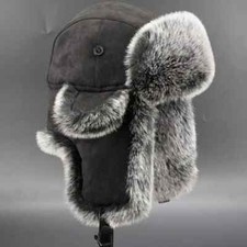 Vintage Men's Trapper Hat Cap Ski Russian Cossack Faux Fur Suede Leather Winter