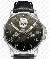 Pirate Sword N Skull Flag Black Leather Strap Watch