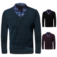 Mens Long Sleeve V Neck Jumper Mock Shirt Collar Chenille Knitwear Pullover Top