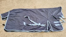 Derby House 5'6" horse turnout rug, navy/light blue trim, partial neck