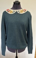 Cath Kidston Green Wool Blend Jumper Embroidered Collar Size L